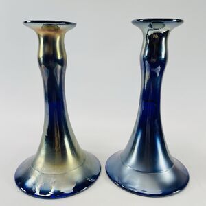 Dugan Mae West Carnival Glass Candlesticks Cobalt Blue Iridescent Pair Vtg 8"